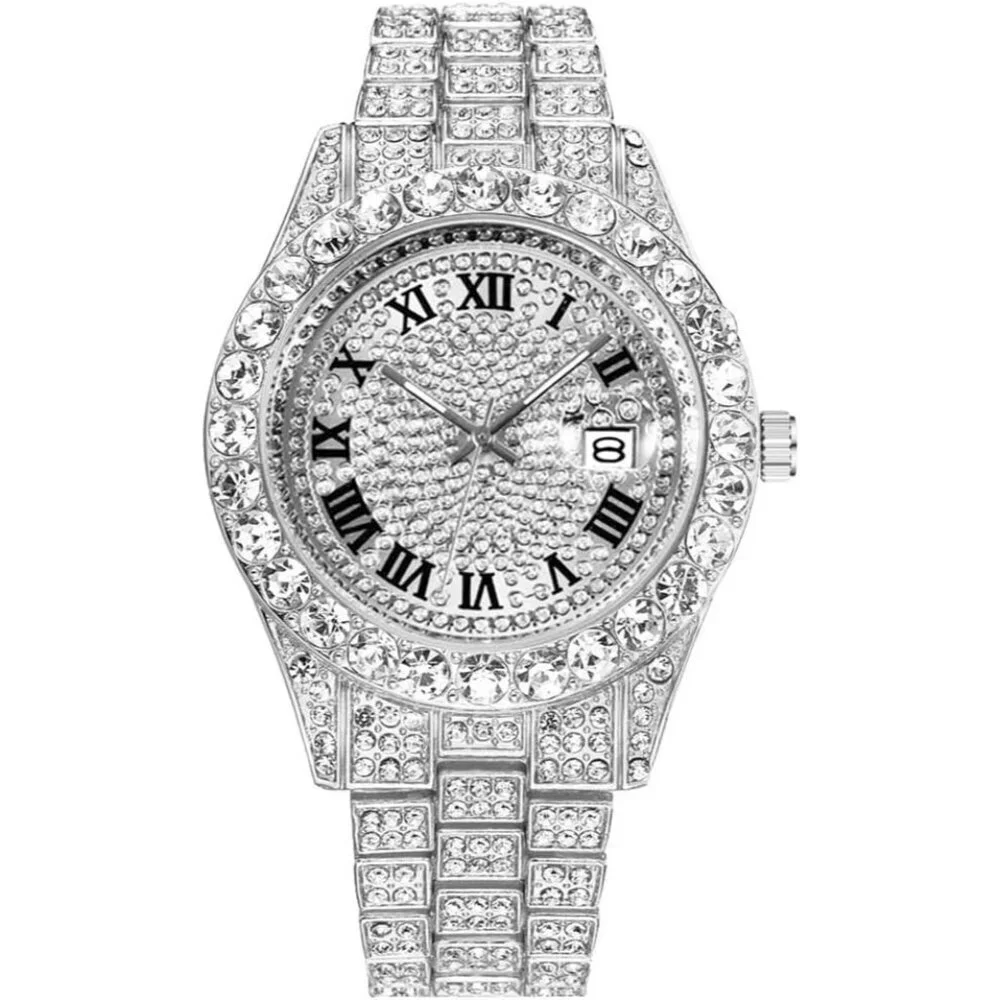 Men's Diamond Silver Big Rocks Roman Numerals Fully Iced Out Colorful Dial Watch